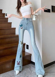 Simple Blue Embroidered Butterfly Denim Bell-bottom Trousers Spring