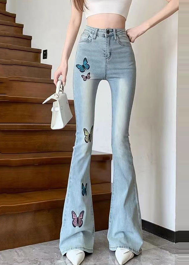 Simple Blue Embroidered Butterfly Denim Bell-bottom Trousers Spring