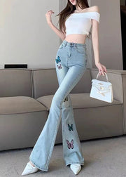 Simple Blue Embroidered Butterfly Denim Bell-bottom Trousers Spring