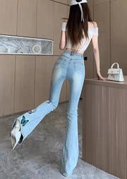 Simple Blue Embroidered Butterfly Denim Bell-bottom Trousers Spring