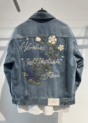 Simple Blue Embroideried Button Denim Men Coat Spring