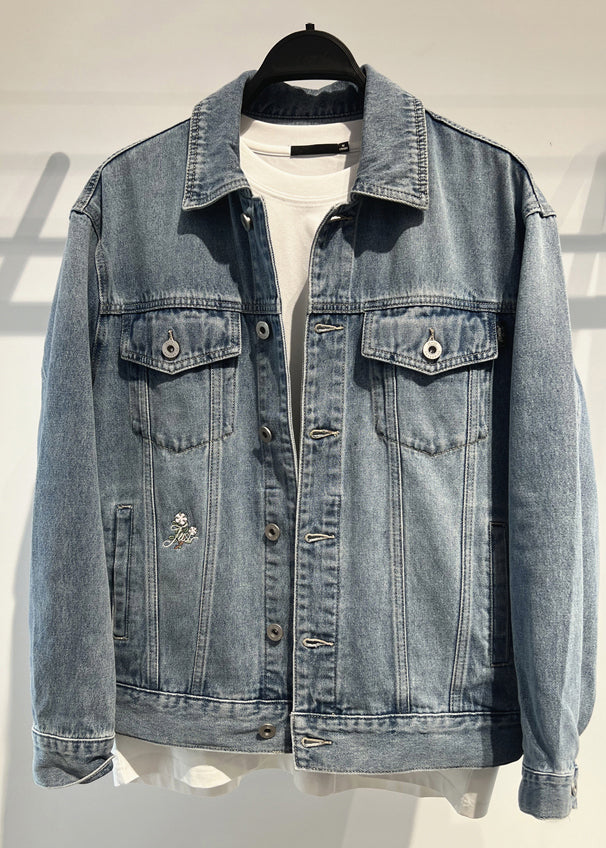 Simple Blue Embroideried Button Denim Men Coat Spring