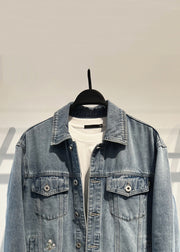 Simple Blue Embroideried Button Denim Men Coat Fall