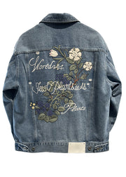 Simple Blue Embroideried Button Denim Men Coat Spring