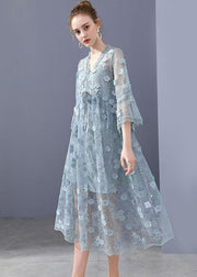 Simple Blue Embroideried Floral Hollow Out Lace Dress Flare Sleeve