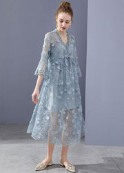 Simple Blue Embroideried Floral Hollow Out Lace Dress Flare Sleeve