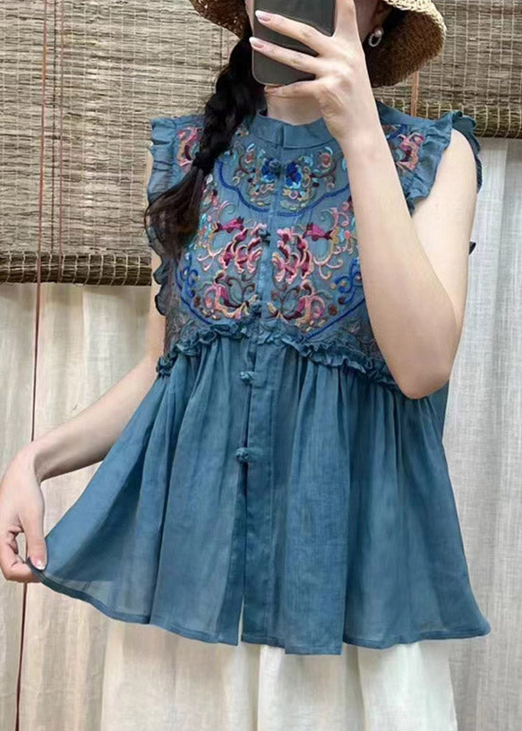 Simple Blue Embroideried Floral Ruffles Button Linen Top Short Sleeve