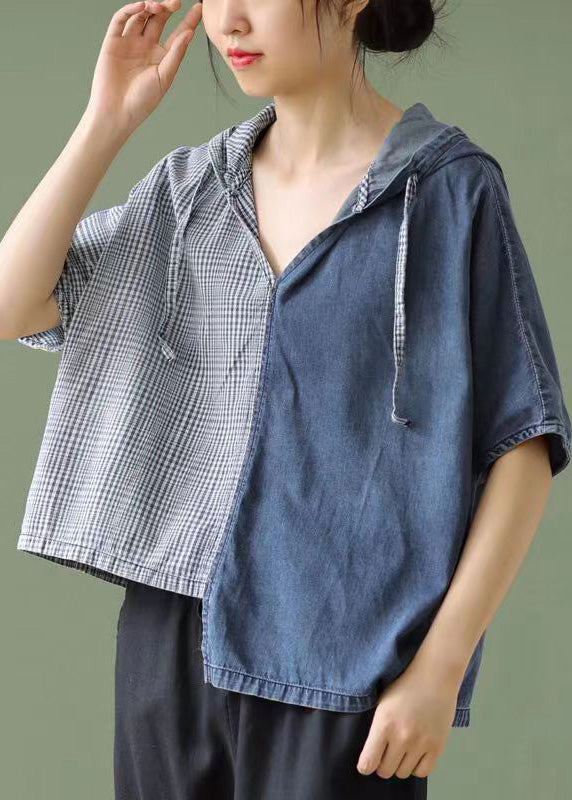 Simple Blue Hooded Asymmetrical Design Patchwork Denim T Shirt Top Summer