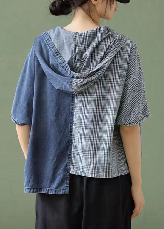 Simple Blue Hooded Asymmetrical Design Patchwork Denim T Shirt Top Summer