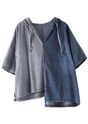 Simple Blue Hooded Asymmetrical Design Patchwork Denim T Shirt Top Summer