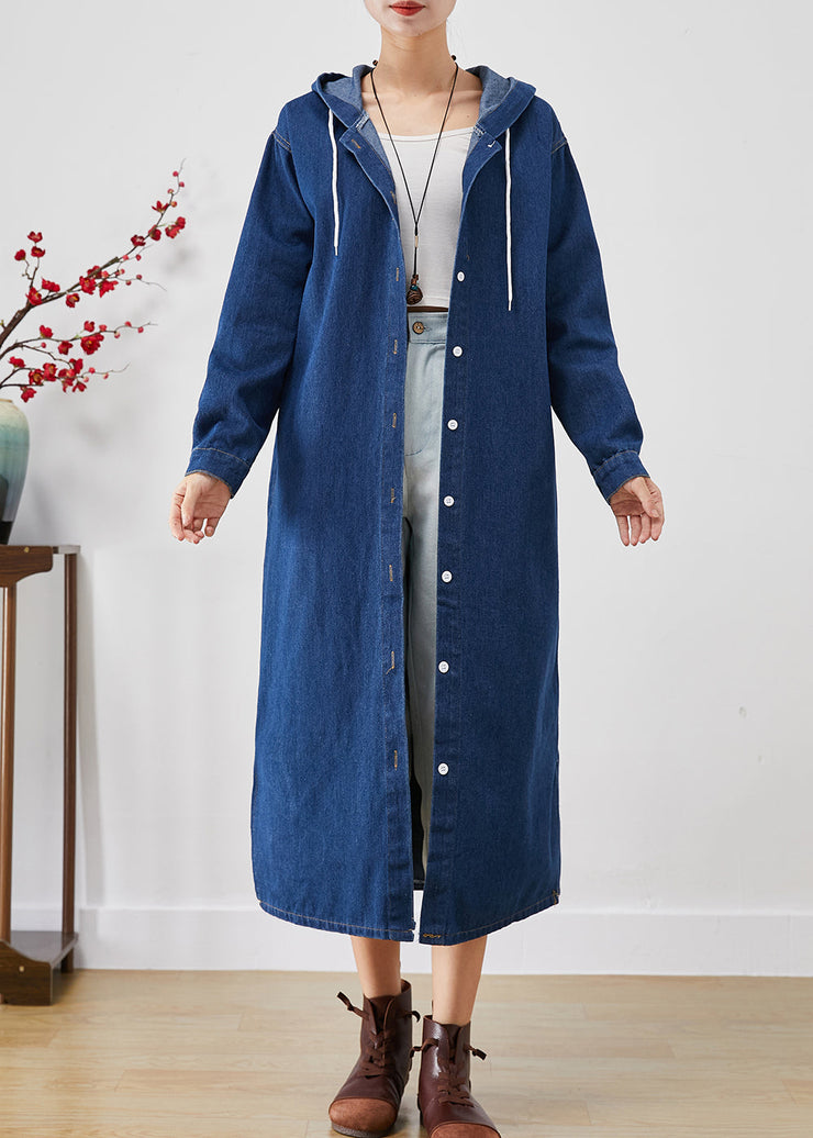 Simple Blue Hooded Button Down Denim Trench Coats Fall