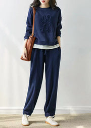 Simple Blue O-Neck Patchwork Tops And Pants Cotton Two Pieces Set Fall