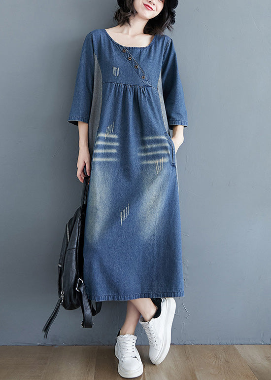 Simple Blue O-Neck Patchwork Wrinkled Denim Long Dress Spring