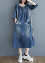 Simple Blue O-Neck Patchwork Wrinkled Denim Long Dress Spring