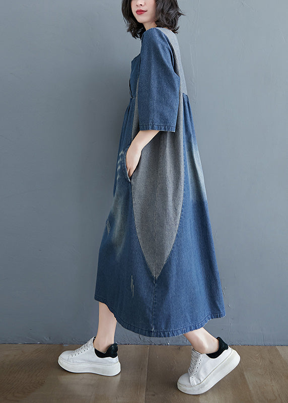 Simple Blue O-Neck Patchwork Wrinkled Denim Long Dress Spring