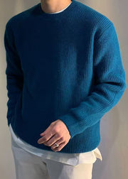 Simple Blue O Neck Solid Knit Mens Sweaters Spring