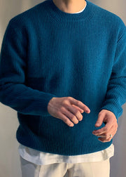 Simple Blue O Neck Solid Knit Mens Sweaters Spring