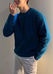 Simple Blue O Neck Solid Knit Mens Sweaters Spring