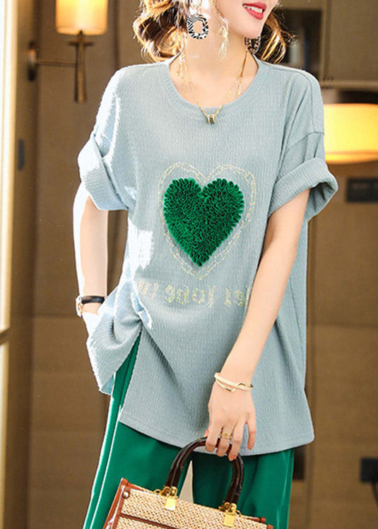 Simple Blue O-Neck loving Heart T Shirts Summer