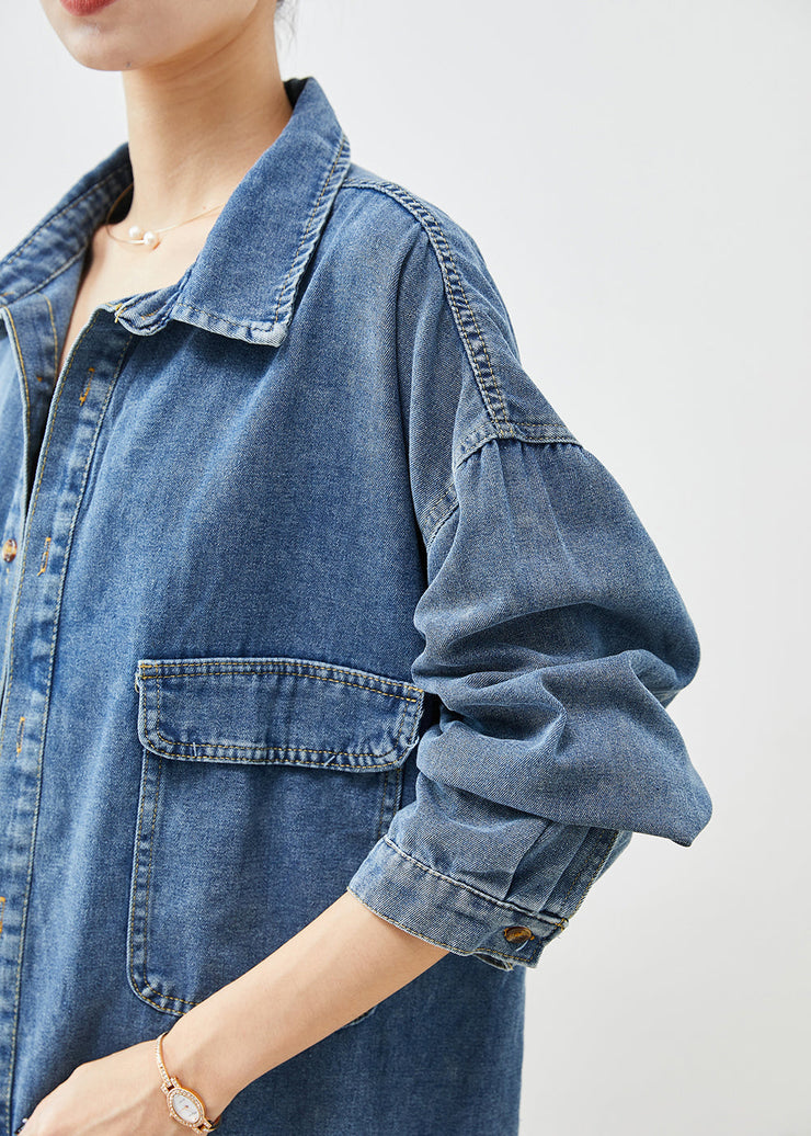 Simple Blue Oversized Pockets Denim Coat Outwear Fall