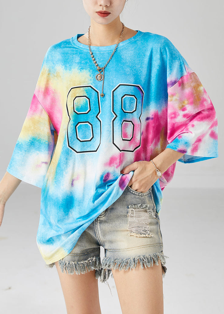 Simple Blue Oversized Tie Dye Cotton Tops Summer