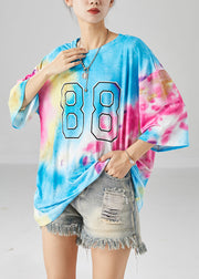 Simple Blue Oversized Tie Dye Cotton Tops Summer