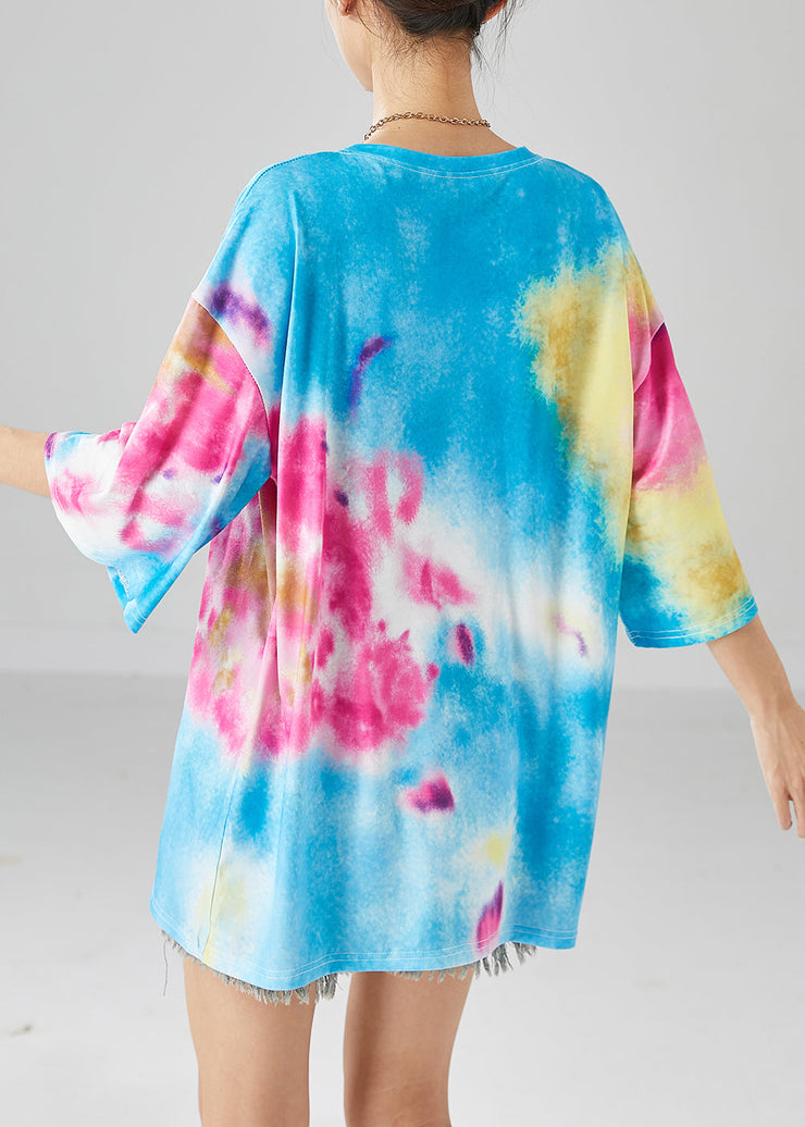 Simple Blue Oversized Tie Dye Cotton Tops Summer