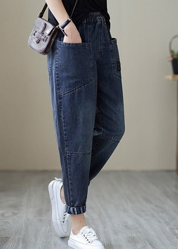 Simple Blue Patchwork Elastic Waist Crop Beam Jeans