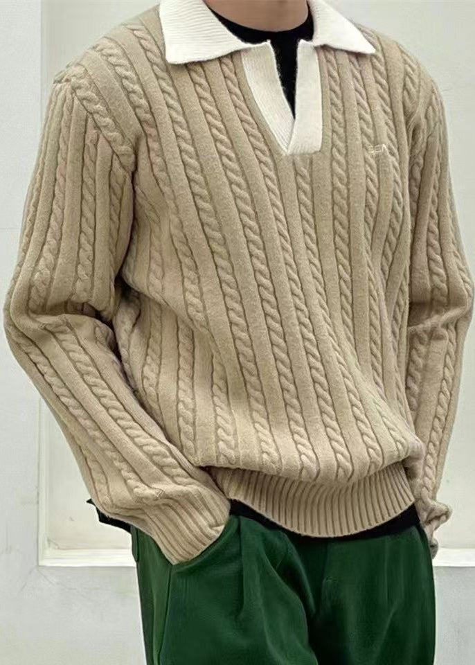 Simple Blue Peter Pan Collar Patchwork Cable Knit Men Sweaters Spring