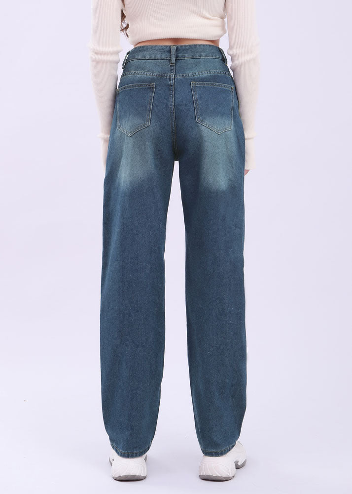 Simple Blue Pockets Button Patchwork High Waist Denim Pants Summer