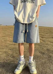 Simple Blue Pockets Drawstring Denim Mens Shorts Summer