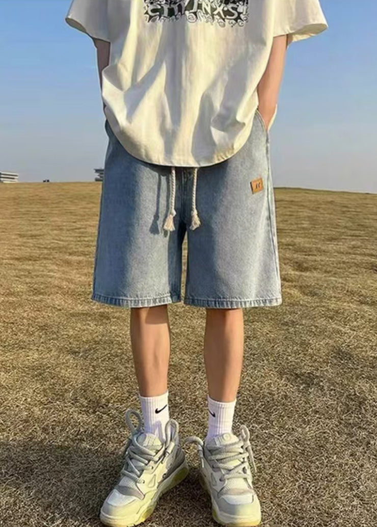 Simple Blue Pockets Drawstring Denim Mens Shorts Summer