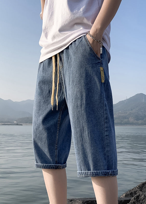 Simple Blue Pockets Elastic Waist Solid Denim Men Crop Pants Summer