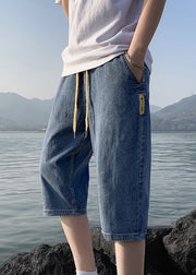 Simple Blue Pockets Elastic Waist Solid Denim Men Crop Pants Summer