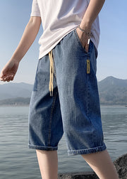 Simple Blue Pockets Elastic Waist Solid Denim Men Crop Pants Summer