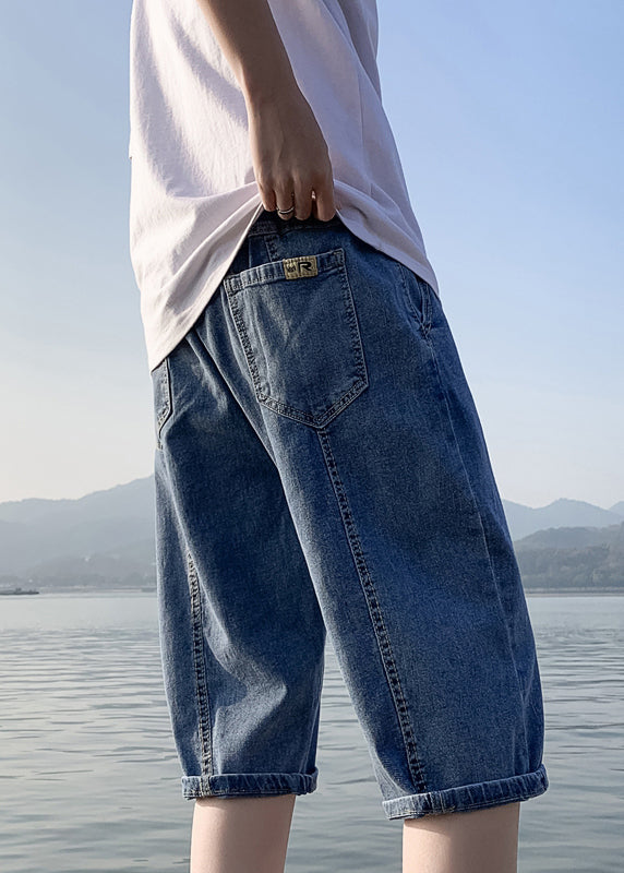 Simple Blue Pockets Elastic Waist Solid Denim Men Crop Pants Summer