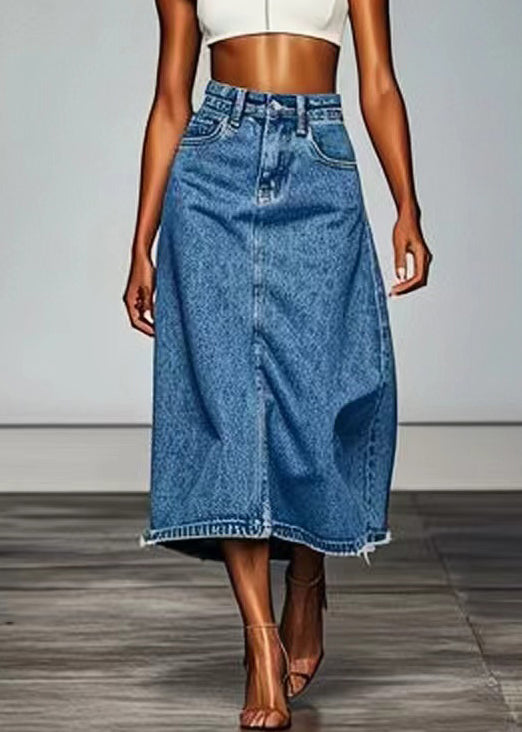 Simple Blue Pockets High Waist Denim Maxi Skirts Summer