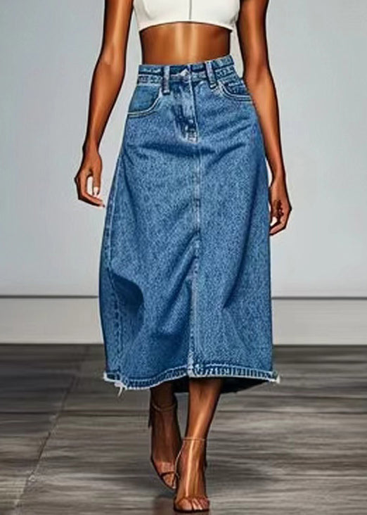 Simple Blue Pockets High Waist Denim Maxi Skirts Summer