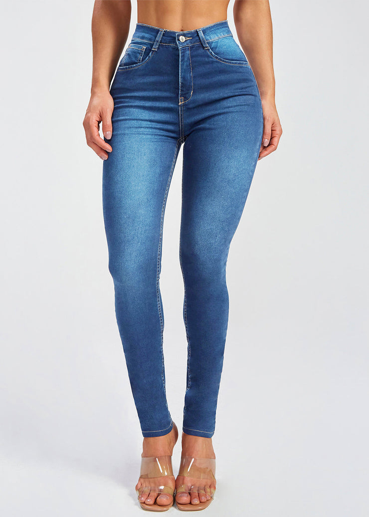 Simple Blue Pockets High Waist Denim Pants Summer