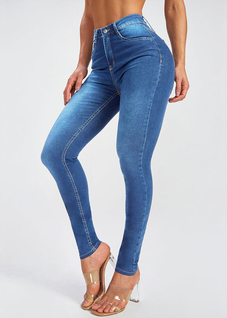 Simple Blue Pockets High Waist Denim Pants Summer