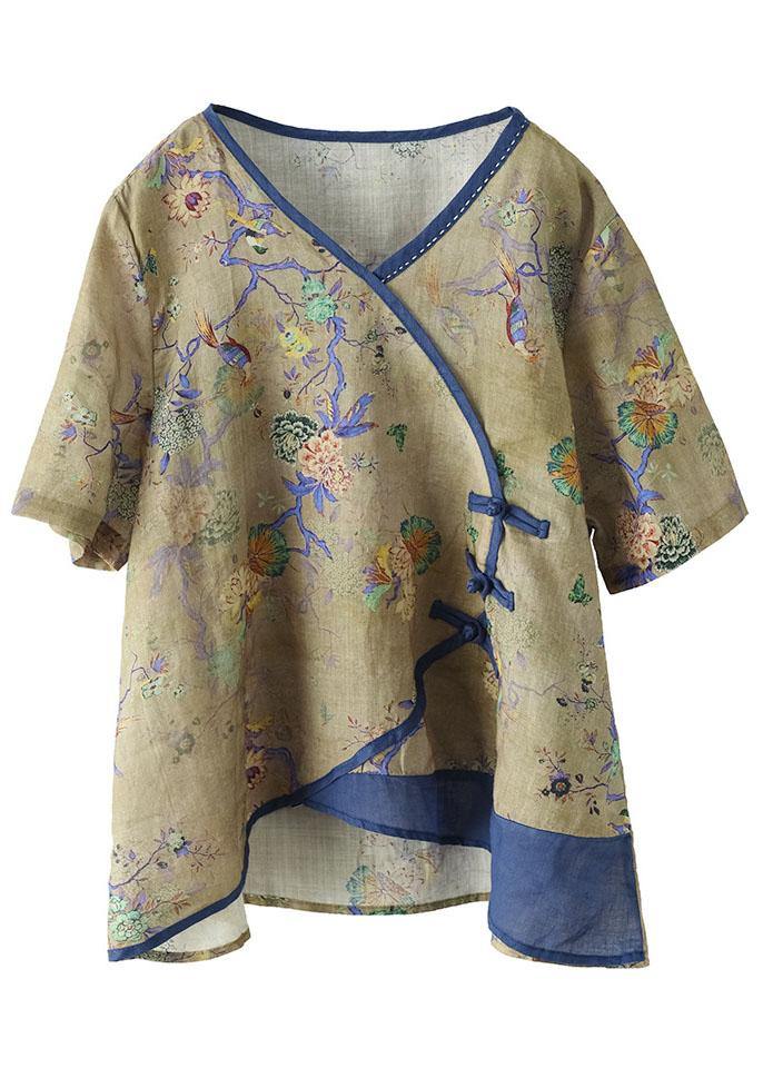 Simple Blue Print Ramie Oriental Summer Tops - SooLinen