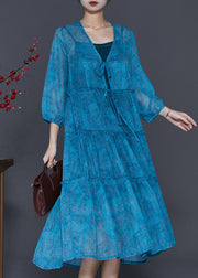 Simple Blue Ruffled Print Lace Up Chiffon Beach Dress Spring