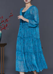 Simple Blue Ruffled Print Lace Up Chiffon Beach Dress Spring