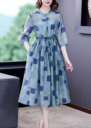 Simple Blue Ruffled Print Silk Cinched Dresses Two Piece Set Bracelet Sleeve