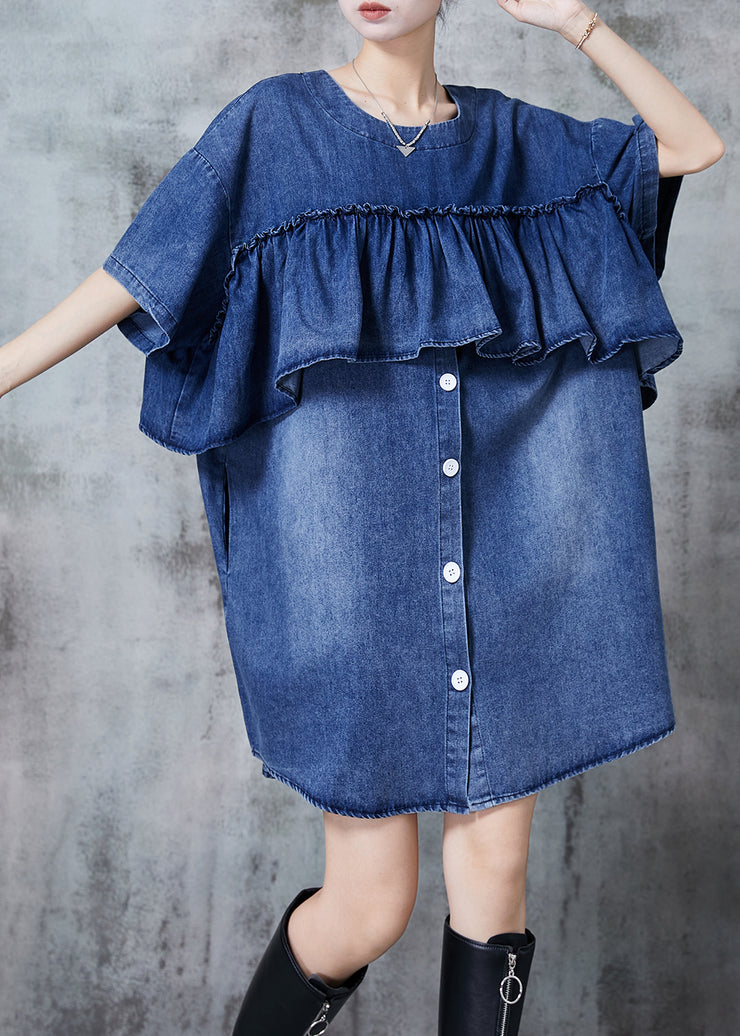 Simple Blue Ruffles Oversized Denim Vacation Dress Summer