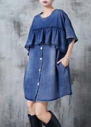 Simple Blue Ruffles Oversized Denim Vacation Dress Summer