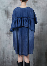 Simple Blue Ruffles Oversized Denim Vacation Dress Summer