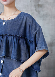 Simple Blue Ruffles Oversized Denim Vacation Dress Summer