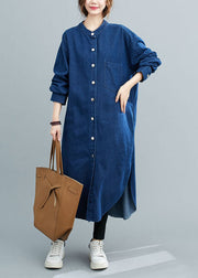 Simple Blue Stand Collar Patchwork Denim Shirts Dress Spring