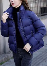 Simple Blue Stand Collar Zip Up Solid Down Coat Winter